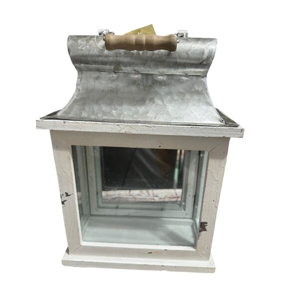 Rustic White Metal & Wood Lantern With Glass Panels - Picture 5 of 7